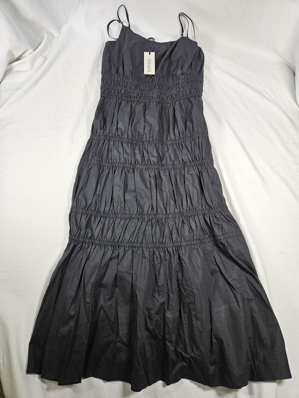 NWT Size Small Buffalo David Bitton Black Smocked Ruching Midi Dress Cotton - Picture 2 of 12